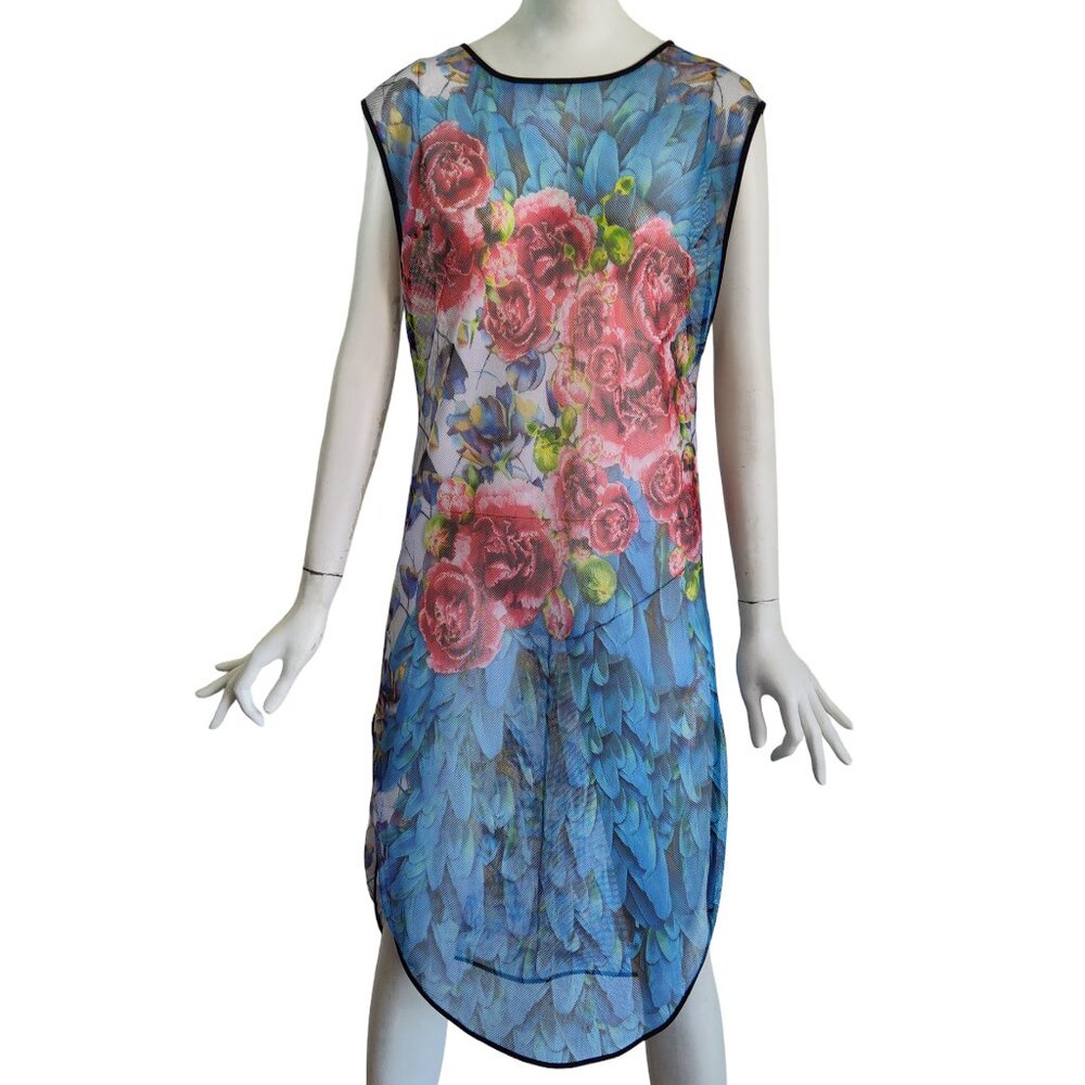 CLOVER CANYON Roses Floral Photo Graphic Print Sheer Mesh Shift Dress Sz M